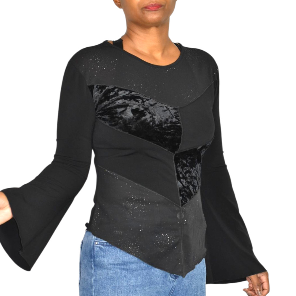 Vintage Ludmilla Bell Sleeve Top Black Velvet Sparkle Y2K France Patchwork Small